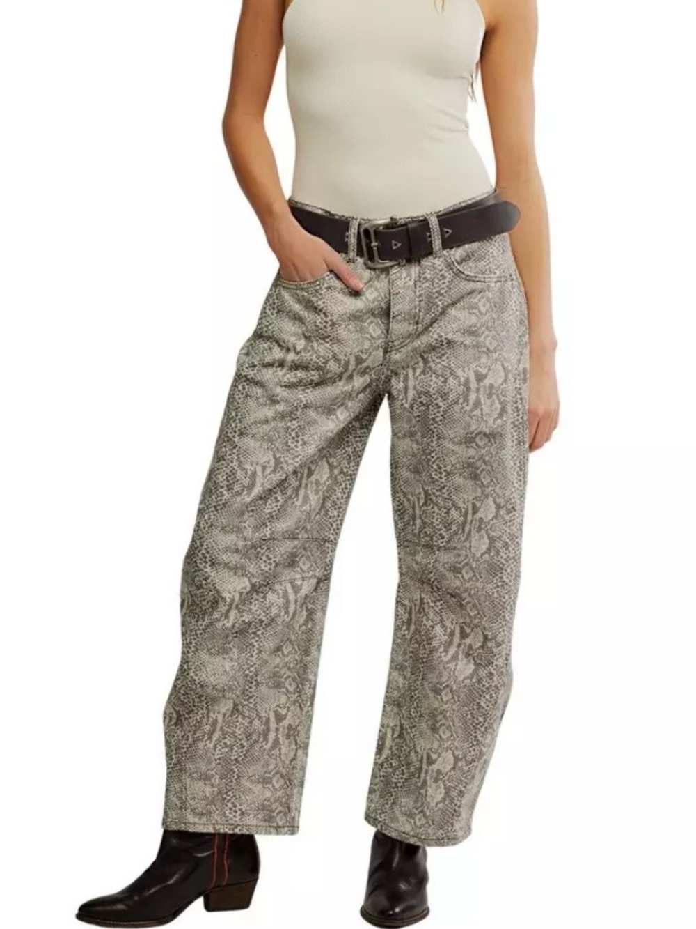 Free People Snake Print Barrel Jeans